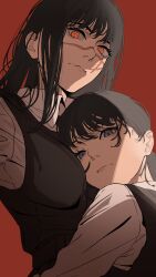  absurdres black_hair blunt_bangs chainsaw_man collared_shirt cross_scar dress_shirt fourth_east_high_school_uniform highres hug kaorunnrunn1904 long_shirt long_sleeves mitaka_asa neck_ribbon orange_eyes red_background ribbon ringed_eyes scar scar_on_cheek scar_on_face scar_on_nose school_uniform shirt twintails white_shirt yoru_(chainsaw_man) 