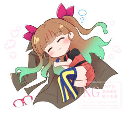  1girl aqua_hair blue_gloves blue_thighhighs blush brown_hair chibi closed_eyes closed_mouth commentary_request glasses gloves gradient_hair heart lying multicolored_hair ohdo_yuamu on_side red-framed_eyewear red_shirt red_skirt red_streaks s_ebi shirt single_glove skirt sleeping smile solo streaked_hair thigh-highs two-tone_hair two_side_up unworn_eyewear yu-gi-oh! yu-gi-oh!_go_rush!! 