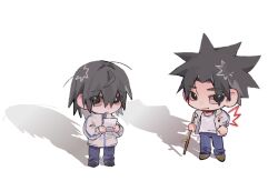  2boys absurdres aged_down black_eyes black_hair black_shoes blue_pants brown_shoes character_name chibi chibi_only commentary false_memory guan_chao_(false_memory) guan_chao_(teenager)_(false_memory) hair_between_eyes hair_down handheld_game_console he_mingshuo high_collar highres holding holding_handheld_game_console holding_stick jacket looking_at_viewer male_focus medium_hair multiple_boys open_clothes open_jacket pants print_jacket renlei_zhilixingzou shadow shirt shoes simple_background sleeves_rolled_up spiky_hair stick track_jacket untranslatable_commentary white_background white_jacket white_shirt wing_print wings zipper zipper_pull_tab 