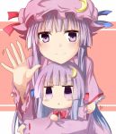  2girls :&lt; capelet chibi crescent crescent_hair_ornament dual_persona hair_ornament long_sleeves mob_cap multiple_girls no_hat patchouli_knowledge purple_hair ram_hachimin smile touhou violet_eyes waving wide_sleeves 