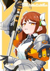  1girl arm_shield armor black_gloves border braid breasts bright_pupils brown_hair dress fire_emblem fire_emblem_engage furrowed_brow gauntlets gloves goldmary_(fire_emblem) hair_ribbon halberd highres holding holding_polearm holding_weapon large_breasts long_hair looking_at_viewer narrowed_eyes orange_eyes outline parameciumkun polearm ribbon shoulder_armor single_braid solo twitter_username weapon white_border white_outline white_pupils white_ribbon yellow_background yellow_dress 
