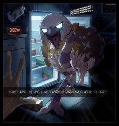  artist_name beak bird black_border blank_eyes border commentary drink_carton english_commentary english_text espathra glowing glowing_eyes highres indoors looking_at_viewer milk_carton night open_mouth outside_border pokemon pokemon_(creature) pov ram_tavern refrigerator solo sound_effects talons 