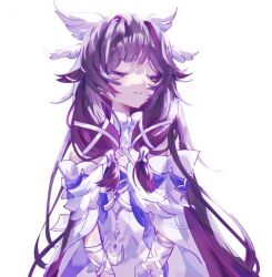  1girl arm_strap bare_shoulders black_hair bow bowtie choker closed_eyes closed_mouth colored_inner_hair columbina_(genshin_impact) commentary crescent dress eyelashes feathered_wings genshin_impact gradient_hair hair_ornament hair_tubes head_wings long_hair long_sleeves multicolored_hair multiple_wings off-shoulder_dress off_shoulder purple_hair sidelocks simple_background smile solo two-tone_hair very_long_hair white_background white_bow white_bowtie white_choker white_dress wide_sleeves wings wrist_bow x_hair_ornament ziral_gyeon 