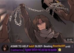  2boys absurdres arm_up asmr_to_help_you_sleep_-_beating_you_until_you're_unconscious_(meme) brown_coat brown_hair chain coat coffin dark-skinned_male dark_skin dual_persona erlking_heathcliff_(project_moon) grey_scarf heathcliff_(project_moon) highres hoo9q9 limbus_company looking_at_viewer male_focus medium_hair meme multiple_boys pov pov_hands project_moon scar scar_on_face scarf violet_eyes wavy_hair 