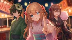  1boy 2girls =_= alternate_costume black_kimono blue_eyes blue_sash blurry broken_heart broken_heart_hair_ornament brown_hair candy_apple commentary_request cotton_candy depth_of_field evil_neuro-sama food green_eyes green_hair green_kimono hair_between_eyes hair_ornament hair_ribbon heart heart-shaped_pupils heart_hair_ornament holding holding_cotton_candy holding_food japanese_clothes kimono lantern long_hair looking_at_viewer multiple_girls neuro-sama night open_mouth outdoors paper_lantern pink_kimono pointing pointing_at_viewer red_ribbon red_sash ribbon sash short_hair summer_festival symbol-shaped_pupils two_side_up upper_body vedal987 vedal_ai virtual_youtuber yu_black_hair 