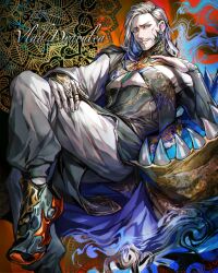  1boy absurdres beard black_shirt blue_eyes bridal_gauntlets character_name commentary_request facial_hair fate/grand_order fate_(series) grey_hair highres jewelry long_hair long_sleeves looking_at_viewer male_focus mature_male mtkg_05 multiple_rings pants parted_lips ring shirt shoes solo vlad_iii_(celebratory_attire)_(fate) vlad_iii_(fate/apocrypha) white_pants 