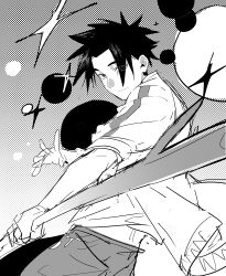  1boy absurdres black_eyes black_hair black_hole false_memory fighting_stance four-pointed_star he_mingshuo highres holding holding_stick jacket male_focus minghe_youling monochrome open_clothes open_jacket pants print_jacket shirt sketch sleeves_rolled_up spiky_hair stick white_shirt 