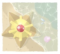 beach commentary_request gem lying no_humans on_back one-hour_drawing_challenge pocketekcop pokemon pokemon_(creature) pokemon_focus red_gem sand seashell shell solo starfish staryu water 