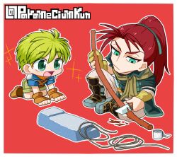  2boys all_fours blue_shirt boots border brown_gloves closed_mouth coat deformed fingerless_gloves fire_emblem fire_emblem:_path_of_radiance gloves green_boots green_coat green_eyes green_gloves green_hair green_pants green_scarf holding holding_knife holding_stick knee_up knife long_hair male_focus multiple_boys open_mouth outline pants parameciumkun partially_fingerless_gloves ponytail red_background red_hair rolf_(fire_emblem) scarf shinon_(fire_emblem) shirt simple_background single_glove sitting sparkle stick twitter_username white_border white_outline white_pants 