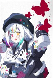  1girl beret black_hat black_jacket bow bug butterfly collared_shirt colored_tips commentary contrast_collar hair_bow hat heterochromia highres holding holding_spray_can jacket jacket_partially_removed jogasaki_noah long_hair long_sleeves looking_at_viewer mahou_shoujo_no_majo_saiban multi-tied_hair multicolored_hair neck_ribbon off_shoulder open_mouth polka_dot polka_dot_bow red_butterfly red_eyes ribbon shirt simple_background solo spray_can streaked_hair untranslatable_commentary upper_body uyul4mn6uf42159 white_background white_hair white_shirt yellow_eyes 