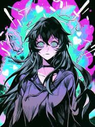  1girl absurdres black_choker black_hair breasts choker degrees_of_lewdity double-parted_bangs drawstring explosion fork green_eyes heart highres hood hoodie knife kylar_(degrees_of_lewdity) kylar_(female)_(degrees_of_lewdity) large_breasts long_hair long_sidelocks looking_at_viewer mole mole_under_eye paper purple_hoodie sidelocks solo statue straight-on upper_body very_long_hair wavy_hair wide-eyed xinjinjumin516084919933 