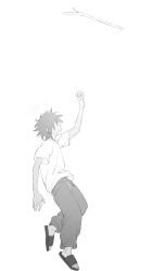  1boy absurdres black_hair chinese_commentary commentary_request coolherry false_memory from_side grey_pants guan_chao_(false_memory) halo hand_up highres looking_up male_focus pants sandals shirt short_sleeves simple_background slides stick white_background white_shirt 