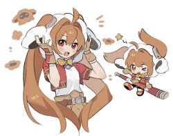  1girl ahoge bo_staff brown_gloves brown_hair chibi commentary cropped_jacket eiyuu_densetsu estelle_bright fingerless_gloves gloves habixiapi hair_intakes highres holding holding_staff jacket long_hair looking_at_viewer mascot_head open_mouth pom_(eiyuu_densetsu) red_eyes red_jacket shirt simple_background smile sora_no_kiseki staff twintails untranslatable_commentary white_background white_shirt 
