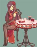  1girl alternate_costume black_gloves black_hair black_legwear cake candle chair china_dress chinese_clothes christmas crossed_legs cup elbow_gloves floral_print flower food gloves grey_background hair_flower hair_ornament hair_over_one_eye hands_on_knee ikezawa_hanako katawa_shoujo long_hair merry_christmas pantyhose plate simple_background sitting smile solo table tablecloth teacup very_long_hair violet_eyes 