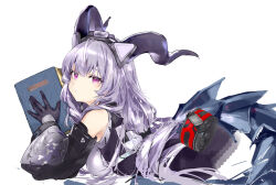  arknights arknights:_endfield black_gloves black_horns black_overskirt book breasts commentary_request detached_sleeves framed_breasts gloves headband highres holding holding_book horns large_breasts long_hair looking_at_viewer lying on_stomach overskirt purple_hair purple_horns ringlets sakusyo twintails typhoeus_(arknights) typhon_(arknights) very_long_hair violet_eyes white_background 