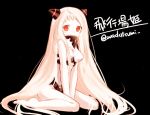  1girl airfield_hime barefoot black_background character_name horns kantai_collection long_hair red_eyes shinkaisei-kan sitting smile twitter_username v_arms very_long_hair wadatsumi_(artist) wariza white_hair white_skin 