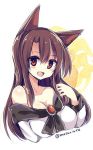  1girl animal_ears artist_name blush_stickers brown_hair cleavage fang imaizumi_kagerou jewelry large_breasts long_hair long_sleeves looking_at_viewer matsuri_uta off_shoulder open_mouth portrait red_eyes simple_background smile solo touhou wolf_ears 