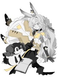  1girl animal_ears arknights book chinese_commentary closed_mouth commentary_request crossover dress dress_ribbon full_body gloves hair_between_eyes highres holding holding_umbrella indeedee jacinta_(arknights) long_dress long_hair looking_at_creature open_book partially_colored pokemon pokemon_(creature) rabbit_ears rabbit_girl ribbon shoes simple_background sitting smile umbrella white_background yellow_dress zai_yuzhou_de_jintou_yu_gou_dui_fei 