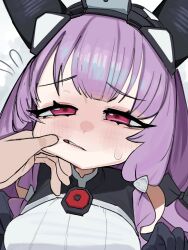  absurdres arknights arknights:_endfield bare_shoulders bbizim03 black_gloves black_horns blush cheek_pinching commentary detached_sleeves english_commentary framed_breasts gloves hands_on_another's_face highres horns long_bangs long_hair parted_bangs pinching purple_hair ringlets squeezing_cheeks sweatdrop typhoeus_(arknights) typhon_(arknights) violet_eyes 