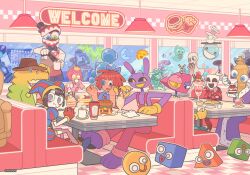  1other 6+boys 6+girls bubble_(the_amazing_digital_circus) burger caine_(the_amazing_digital_circus) ceiling character_request chess_piece commentary cowboy_hat crocodile_boy cup dentures detached_eyes diner drinking_straw english_commentary food french_fries gangle_(the_amazing_digital_circus) ghost gummigoo hat hat_bell highres holding holding_spoon ice_cream jax_(the_amazing_digital_circus) jester jester_costume ketchup ketchup_bottle king_(chess) kinger_(the_amazing_digital_circus) mannequin_(the_amazing_digital_circus) milkshake moon multiple_boys multiple_girls pancake pomni_(the_amazing_digital_circus) pouring princess_loolilalu_(the_amazing_digital_circus) rabbit_boy ragatha_(the_amazing_digital_circus) ragdoll shaved_ice spoon striped_cloak sun sundae takamizo the_amazing_digital_circus tile_ceiling tiles tray waiter zooble_(the_amazing_digital_circus) 