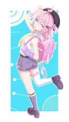  1girl absurdres ahoge alternate_costume arm_warmers backpack bag belt beret black_belt black_hat black_shoes black_socks commentary_request green_eyes hair_ornament hairclip hat highres leg_up linko_(nte) looking_at_viewer neverness_to_everness open_mouth pink_arm_warmers pink_bag pink_hair randoseru shirt shoes socks solo thigh-highs tuopai! two_side_up white_shirt white_thighhighs 