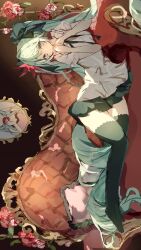 1girl aqua_eyes aqua_hair black_bow black_ribbon black_skirt black_thighhighs bow brown_background clenched_hands commentary_request couch eyelashes flower frilled_pillow frilled_shirt frills full_body hair_between_eyes hair_bow hair_ornament hair_ribbon hand_on_own_chin hatsune_miku highres indoors legs long_hair looking_at_viewer lying miniskirt moyu3939 on_couch on_side own_hands_together pillow pink_pillow pleated_skirt portrait_(object) red_flower ribbon shirt short_sleeves sidelocks skirt solo thigh-highs thighs twintails upside-down very_long_hair vocaloid white_shirt world_is_mine_(vocaloid) zettai_ryouiki 