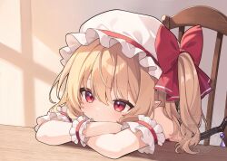  1girl blonde_hair bow chair commentary_request crossed_arms crystal crystal_wings flandre_scarlet hat hat_bow highres mob_cap multicolored_wings on_chair one_side_up red_bow red_eyes shadow solo touhou variant_set watermark white_hat wings yuineko 