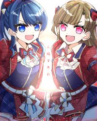  2girls blue_eyes blue_skirt blue_vest bow bowtie brown_hair collared_shirt commentary dollchestra dress_shirt hair_bow hair_intakes half_updo highres jacket kachimachi_kosuzu kanduki_kamibukuro lens_flare long_hair looking_at_viewer love_live! love_live!_hasu_no_sora_jogakuin_school_idol_club multiple_girls murano_sayaka official_alternate_costume official_alternate_hairstyle open_clothes open_jacket pink_eyes plaid_bow plaid_bowtie plaid_clothes plaid_jacket plaid_skirt ponytail red_bow red_bowtie red_jacket red_skirt shirt simple_background skirt taiyou_de_are! two-tone_skirt v-shaped_eyebrows vest virtual_youtuber white_background white_shirt 