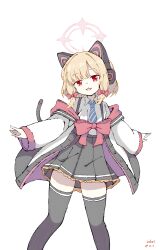  1girl :3 :d a-pose absurdres animal_ear_headphones animal_ears black_skirt black_thighhighs blonde_hair blue_archive blue_necktie blunt_bangs bow cat_ear_headphones cat_ears cat_tail chest_bow collared_shirt commentary dated diagonal-striped_clothes diagonal-striped_necktie dress_shirt fake_animal_ears fake_tail feet_out_of_frame frilled_skirt frills hair_bow halo headphones high-waist_skirt highres inkari jacket jacket_partially_removed light_blush looking_at_viewer medium_hair momoi_(blue_archive) necktie open_clothes open_jacket open_mouth pink_halo pleated_skirt red_bow red_eyes school_uniform shirt sidelocks signature simple_background skirt sleeves_past_wrists smile solo standing striped_clothes striped_necktie tail tail_raised thigh-highs thighs untranslatable_commentary white_background white_jacket white_shirt wide_sleeves zettai_ryouiki 