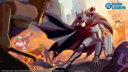  bat_mask batman batman_(series) batman_symbol belt black_bodysuit bodysuit bruce_wayne cape commentary cowl dc:_dark_legion dc_comics english_commentary gloves grey_bodysuit highres holding male_focus mask multicolored_bodysuit multiple_boys muscular muscular_male official_art pants smile superhero_costume taut_bodysuit taut_clothes two-tone_bodysuit utility_belt western_comics_(style) white_facepaint 