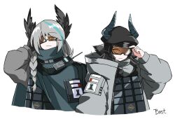  2girls adjusting_clothes adjusting_headwear arknights bastetris black_hair black_hat black_wings braid_over_shoulder bulletproof_vest coat commentary cropped_torso eyes_visible_through_eyewear grey_coat grey_hair hand_up hat head_wings highres horns horns_through_headwear long_hair looking_at_viewer multiple_girls open_clothes open_coat pith_(arknights) rhodes_island_logo_(arknights) serious touch_(arknights) walkie-talkie wings 