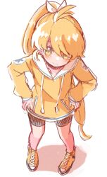  1girl alternate_costume biko0205 closed_mouth commentary_request full_body green_eyes hands_on_own_hips high_ponytail highres hood hood_down hoodie pokemon pokemon_adventures ponytail shoes shorts simple_background smile solo standing white_background yellow_(pokemon) yellow_hoodie yellow_shoes 