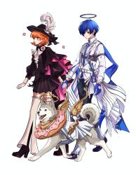  1boy 1girl absurdres animal arknights ascot belt black_boots black_dress black_hat black_pants black_shoes black_skirt blue_gloves blue_hair boots brown_eyes brown_hair cavalier_hat closed_mouth commentary couple detached_pants dog dress earrings english_commentary fake_halo fingerless_gloves flipped_hair flower full_body gloves halo hat hat_feather hetero high_heel_boots high_heels highres holding_hands jacket jewelry koromaru_(over_the_city_of_sweetness)_(persona) koromaru_(persona) miniskirt official_alternate_costume pants persona persona_3 persona_3_reload pink_flower sheath sheathed shoes short_hair single_earring skirt smile sword takeba_yukari takeba_yukari_(in_vigil_of_dawn_and_dusk) tonyrg33 walking weapon white_ascot white_background white_gloves white_jacket white_pants yuuki_makoto_(in_witness_of_glory)_(persona_3) yuuki_makoto_(persona_3) zettai_ryouiki 