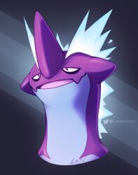  artist_name colored_skin grey_skin lintufriikki looking_at_viewer multicolored_skin open_mouth pokemon pokemon_(creature) portrait purple_skin signature solo toxtricity toxtricity_(low_key) twitter_logo twitter_username two-tone_skin 