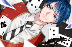  1boy 8_minuten ace_(playing_card) ace_of_spades aqua_eyes black_gloves blue_hair blurry blurry_foreground card checkered_floor choppy_bangs collared_shirt colored_eyelashes commentary_request depth_of_field deuce_spade diagonal-striped_clothes diagonal-striped_necktie dutch_angle eight_of_spades facial_mark floating_card four_of_spades from_above gloves gold_trim indoors leather leather_gloves light_smile looking_ahead looking_at_viewer lying male_focus necktie night_raven_college_school_uniform off_shoulder on_back pale_skin parted_bangs playing_card portrait red_vest school_uniform shirt short_hair solo spade_(shape) spade_facial_mark sparkle sparkling_eyes striped_clothes striped_necktie three_of_spades twisted_wonderland very_short_hair vest waistcoat white_shirt 