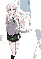  1girl arm_behind_back bang_dream! bang_dream!_it's_mygo!!!!! chihaya_anon diagonal-striped_clothes diagonal-striped_necktie fang green_necktie green_skirt grey_eyes haneoka_school_uniform highres kneehighs kushima_yu long_hair looking_at_viewer necktie open_mouth pink_hair school_uniform simple_background skin_fang skirt socks solo striped_clothes striped_necktie v white_background 