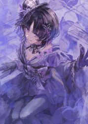  1girl absurdres bare_shoulders black_gloves black_hair black_hat black_kimono butterfly_hair_ornament butterfly_hat_ornament checkered_sleeves closed_mouth commentary_request cowboy_shot dress flower frilled_sleeves frills furisode gloves hai_bokusha hair_ornament hat hat_flower hat_ornament highres housho_margo japanese_clothes kimono lolita_fashion long_sleeves looking_at_viewer mahou_shoujo_no_majo_saiban neck_ribbon off-shoulder_dress off_shoulder purple_background purple_theme ribbon short_hair smile solo top_hat violet_eyes wa_lolita wide_sleeves 