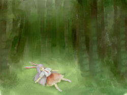  1girl animal_ears bamboo bamboo_forest forest green_background highres krermaki long_hair lying nature necktie on_back outdoors purple_hair rabbit_ears rabbit_girl red_necktie red_skirt reisen_udongein_inaba shirt short_sleeves skirt solo touhou white_shirt wide_shot 