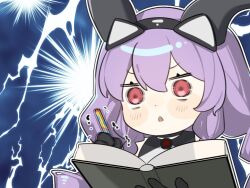  arknights arknights:_endfield black_gloves black_horns book chinese_commentary commentary_request drawing_(action) gloves headband holding holding_book holding_pencil horns long_bangs long_hair parted_bangs pencil purple_hair red_pupils ringlets shaking typhoeus_(arknights) typhon_(arknights) yixiaoyi 