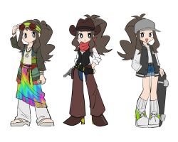  1girl alternate_costume brown_hair chaps commentary denim denim_shorts full_body highres hilda_(pokemon) hippie jacket jeans long_hair long_sleeves multiple_views open_mouth pants pants_under_skirt pokemon pokemon_black_and_white shorts skateboard skirt smile standing sunglasses tie-dye tnm_ilu untranslatable_commentary white_background 