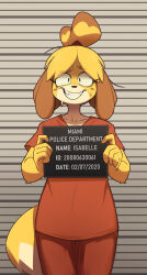  1girl absurdres against_wall animal_crossing animal_ears animal_nose bell blonde_hair blush_stickers body_fur character_name cowboy_shot dog_ears dog_girl dog_tail furry furry_female green_eyes hair_bell hair_ornament height height_chart height_mark highres holding holding_sign isabelle_(animal_crossing) jumpsuit looking_at_viewer maxvines4 messy_hair mugshot nameplate nervous_smile nervous_sweating open_mouth orange_jumpsuit prison prison_clothes prisoner shih_tzu sign smile solo sweat tail teeth topknot two-tone_fur yellow_fur 