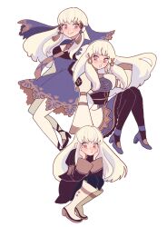  1girl absurdres age_progression black_pantyhose black_skirt boots chimney_(chimney0311) commentary dress fire_emblem fire_emblem:_three_houses fire_emblem_warriors:_three_hopes full_body garreg_mach_monastery_uniform highres knee_boots long_hair looking_at_viewer lysithea_von_ordelia lysithea_von_ordelia_(timeskip) multiple_views pantyhose pink_eyes purple_dress sidelocks simple_background skirt smile untranslatable_commentary white_background white_hair white_pantyhose 