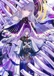  1girl 2girls arcaea bare_shoulders black_gloves black_hands black_thighhighs blue_dress closed_mouth collared_dress colored_extremities commentary_request detached_sleeves diamond-shaped_earrings dress earrings gloves grey_hair insight_(arcaea) insight_(nullified)_(arcaea) jewelry long_hair long_sleeves looking_at_viewer multiple_girls necktie red_necktie single_shoulder_pad skeleton thigh-highs violet_eyes white_sleeves wide_sleeves yezee0326 zettai_ryouiki 