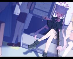  4girls :p ;p absurdres belt black_belt black_choker black_nails black_shirt black_skirt blue_archive blurry bow bow-shaped_hair cellphone center_frills choker commentary cone_hair_bun crossed_legs demon_girl demon_wings depth_of_field double_bun dual_wielding dutch_angle fishnet_thighhighs fishnets foot_out_of_frame frilled_shirt frills gun hair_bow hair_bun hair_ornament hairclip halo hands_up heart_ornament highres holding holding_phone jirai_kei karen_(blue_archive) kyukouka_p letterboxed long_hair long_sleeves looking_at_viewer low_wings making-of_available multicolored_hair multicolored_nails multiple_girls nail_polish one_eye_closed parallel_hairclips phone pink_nails pointy_ears purple_hair purple_halo shirt sidelocks single_thighhigh sitting skirt slit_pupils smartphone solo_focus standschutze_hellriegel_m1915 streaked_hair thigh-highs thigh_strap tongue tongue_out train_interior tsurime twintails very_long_hair violet_eyes weapon white_bow wings 