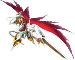  armor claws digimoji digimon digimon_story:_cyber_sleuth gauntlets gold horns jesmon monster no_humans red_cape shoulder_pads simple_background solo sword tail torn_cape weapon writing yasuda_suzuhito yellow_eyes 
