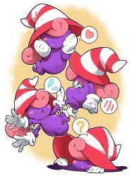  1girl ? blush blush_stickers colored_skin commentary_request flying_sweatdrops ghost ghost_tail gloves hat heart highres long_hair multiple_views open_mouth paper_mario:_the_thousand-year_door paper_mario_(series) pink_hair purple_skin simple_background smile spoken_blush spoken_flying_sweatdrops spoken_heart spoken_question_mark striped_clothes striped_headwear super_mario_bros. tokkyuu_mikan vivian_(paper_mario) white_gloves witch_hat 