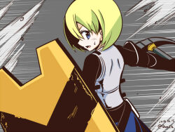  1girl armor black_bodysuit blonde_hair blue_eyes bodysuit fortress_(sekaiju) fortress_4_(sekaiju) from_behind grey_background hair_between_eyes holding holding_pickaxe holding_shield official_alternate_color open_mouth pickaxe profile qontamblue sekaiju_no_meikyuu sekaiju_no_meikyuu_4 shield short_hair small_sweatdrop solo tower_shield 
