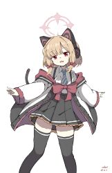  1girl :3 :d a-pose absurdres animal_ear_headphones animal_ears black_skirt black_thighhighs blonde_hair blue_archive blue_necktie blunt_bangs bow cat_ear_headphones cat_ears cat_tail chest_bow collared_shirt commentary dated diagonal-striped_clothes diagonal-striped_necktie dress_shirt fake_animal_ears fake_tail feet_out_of_frame frilled_skirt frills hair_bow halo headphones high-waist_skirt highres inkari jacket jacket_partially_removed light_blush looking_at_viewer medium_hair momoi_(blue_archive) necktie open_clothes open_jacket open_mouth pink_halo pleated_skirt red_bow red_eyes school_uniform shirt sidelocks signature simple_background skirt sleeves_past_wrists smile solo standing striped_clothes striped_necktie tail tail_raised thigh-highs thighs untranslatable_commentary white_background white_jacket white_shirt wide_sleeves zettai_ryouiki 