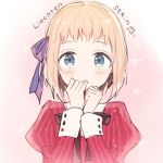  1girl :o axis_powers_hetalia blonde_hair blue_eyes blush bust character_name dress gomi_chiri hair_ribbon liechtenstein_(hetalia) long_sleeves looking_at_viewer lowres open_mouth puffy_long_sleeves puffy_sleeves red_dress ribbon short_hair solo sparkle striped striped_dress 