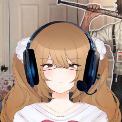  1girl absurdres blush brown_eyes brown_hair cardboard_cutout catherine_(project_moon) closed_mouth fufiich glasses headset heathcliff_(project_moon) highres limbus_company linus_tech_tips looking_at_viewer oshikatsu project_moon serious shirt upper_body v-neck v-shaped_eyebrows white_shirt 